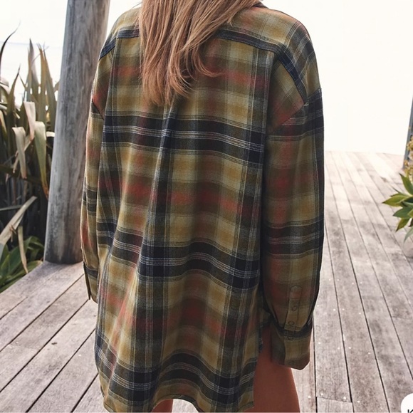 Free People We The Free Izzie Plaid Flannel Cargo Shirt Jacket Shacket Olive - Picture 5 of 10